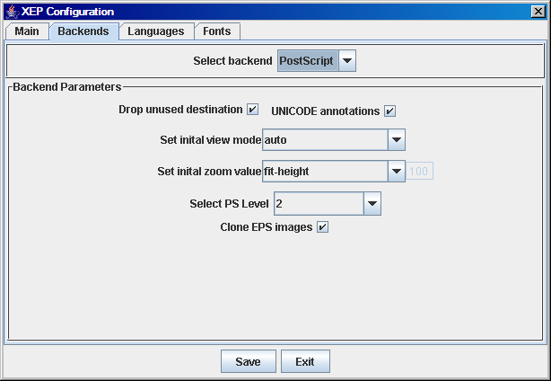 XEP Configuration Backends tab for PostScript files